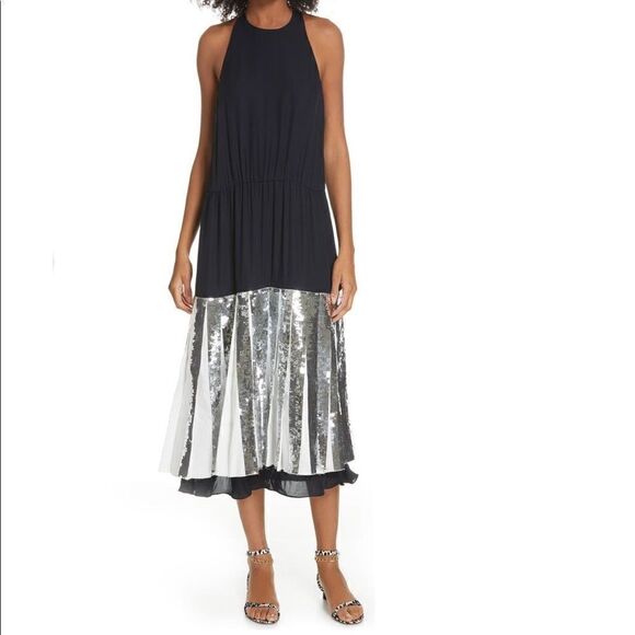 🔥💃Tibi Claude sequins layered halter silk Eve dress size 2 In black, NWT - Picture 1 of 10